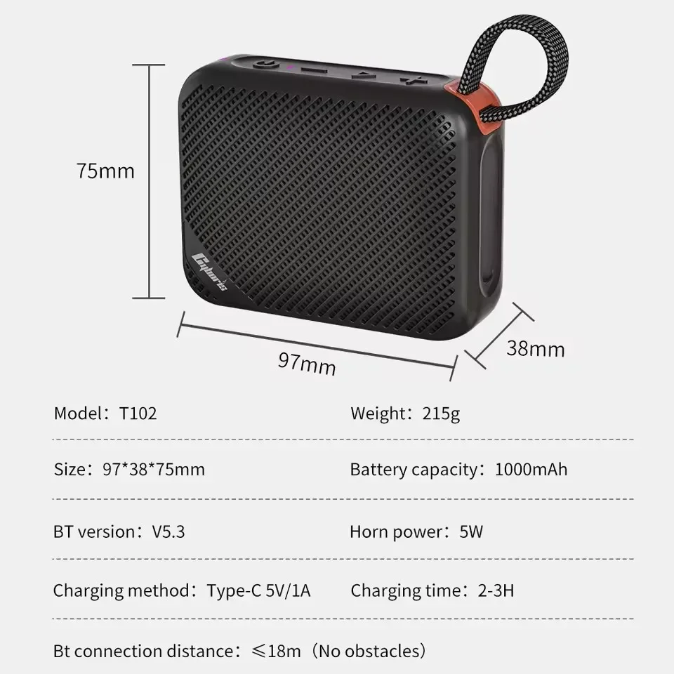 Cybori T102 5W مكبرات صوت بخاصية البلوتوث مقاومة للماء مكبر صوت لاسلكي محمول مع ضوء TWS/LED/بطاقة TF/مكالمات بدون استخدام اليدين للاستخدام اليومي