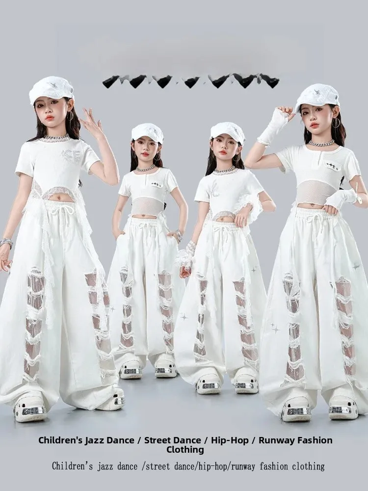 Girls Street Dance Trendy Outfit Child Belly Show Performance Costume Modern Jazz Style Hip Hop Practice Set Summer