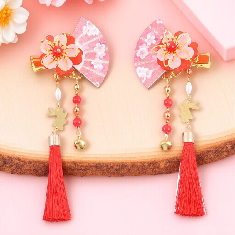 

2pcs Fan Shape Hairpin Tassel Japanese-Style Women Hair Clip Zinc Alloy Wood Decorative Costume Accessory For Party