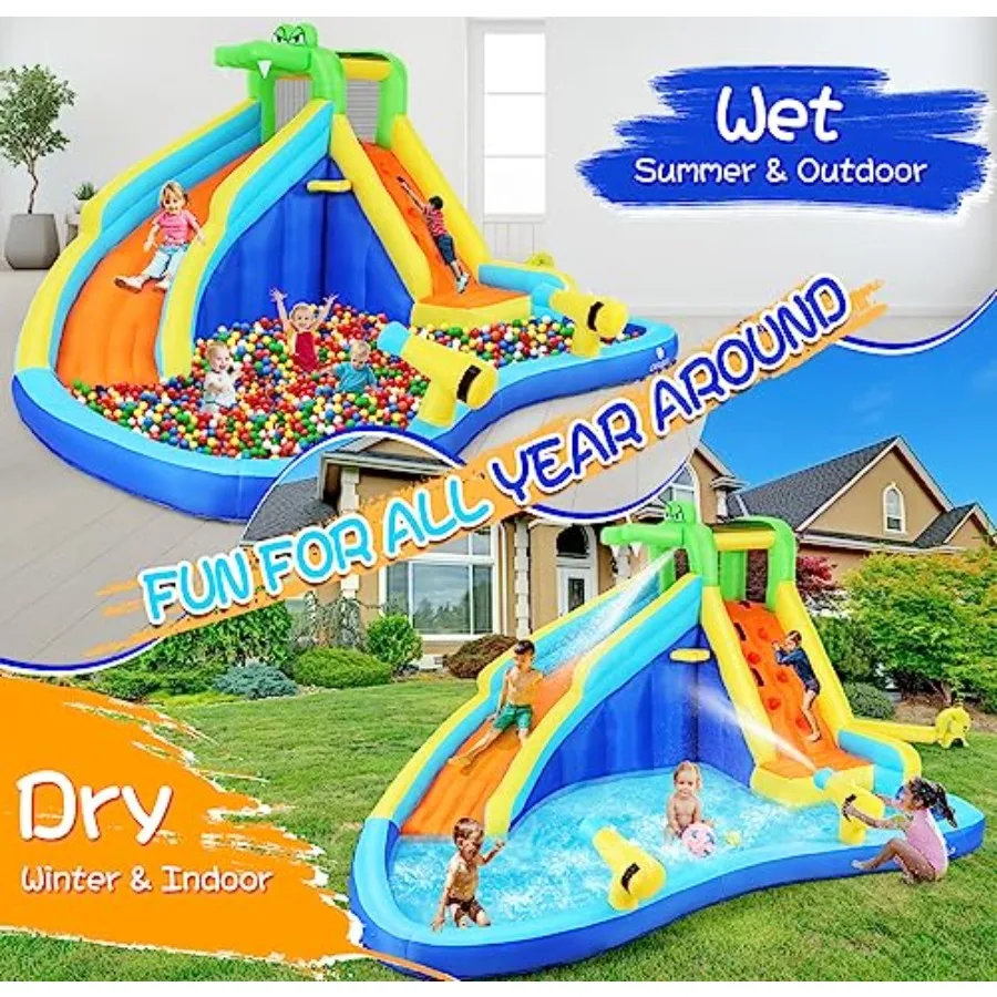 Backyard inflatable water slide for kids, PVC material, blue and yellow, 8-in-1 design with climbing wall, splash pool, crocodi