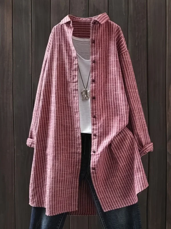 Casual Style Women's Long Sleeve Striped Cotton Linen Shirt Loose Fit Mid-Length plus Size Versatile Top for Autumn 2026