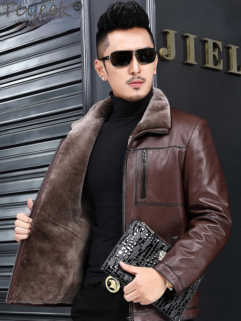 Tcyeek Fashion Real Leather Jacket Men Natural Sheepskin Fur Coat Winter Warm Mens Fur Jackets Slim Man Clothes Chaquetas Hombre