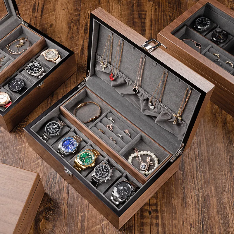 Black Walnut Dual-layer Jewelry Watch Box, large capacity for rings, cufflinks, necklaces, bracelets and assorted daily ornament