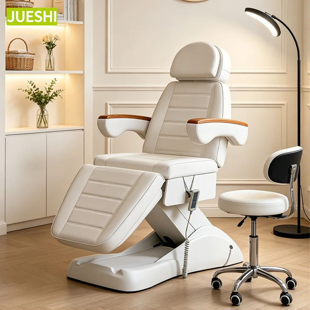 JUESHI Electric Beauty Bed Electric Massage Bed White Wooden Armrests Striped Design with Matching Stool for Salon Spa