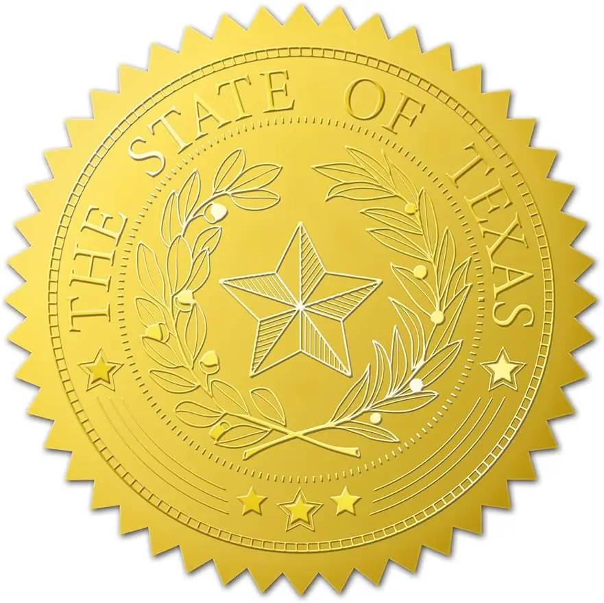 

100pcs Star Theme Embossed Gold Foil Seals 50mm the State of Texas Self Adhesive Embossed Stickers Decoration Labels