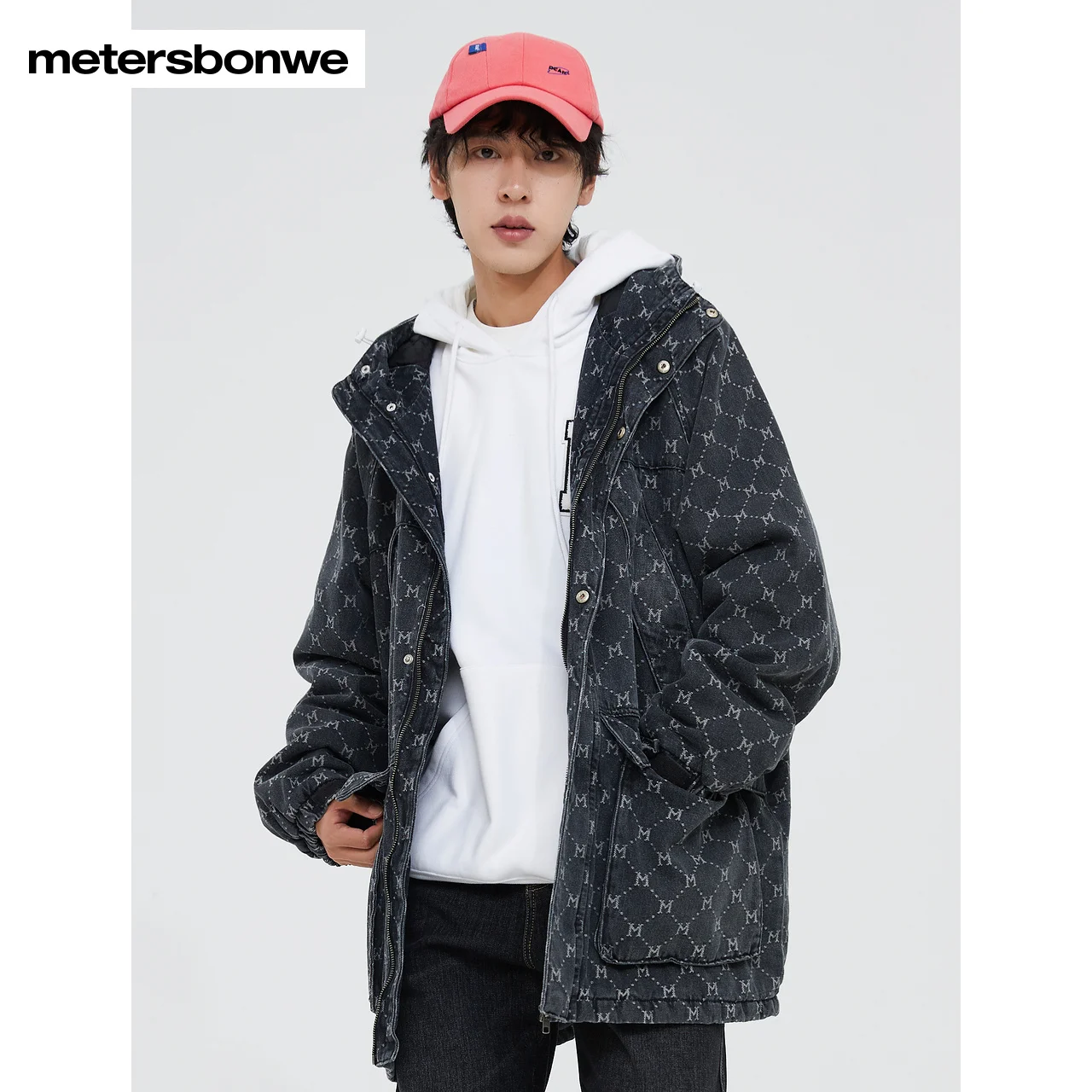 

Metersbonwe Men's 100%Cotton Hooded Thick Denim Padded Jackets Medium Length Autumn And Winter Padded Coat Loose Warm Outwear