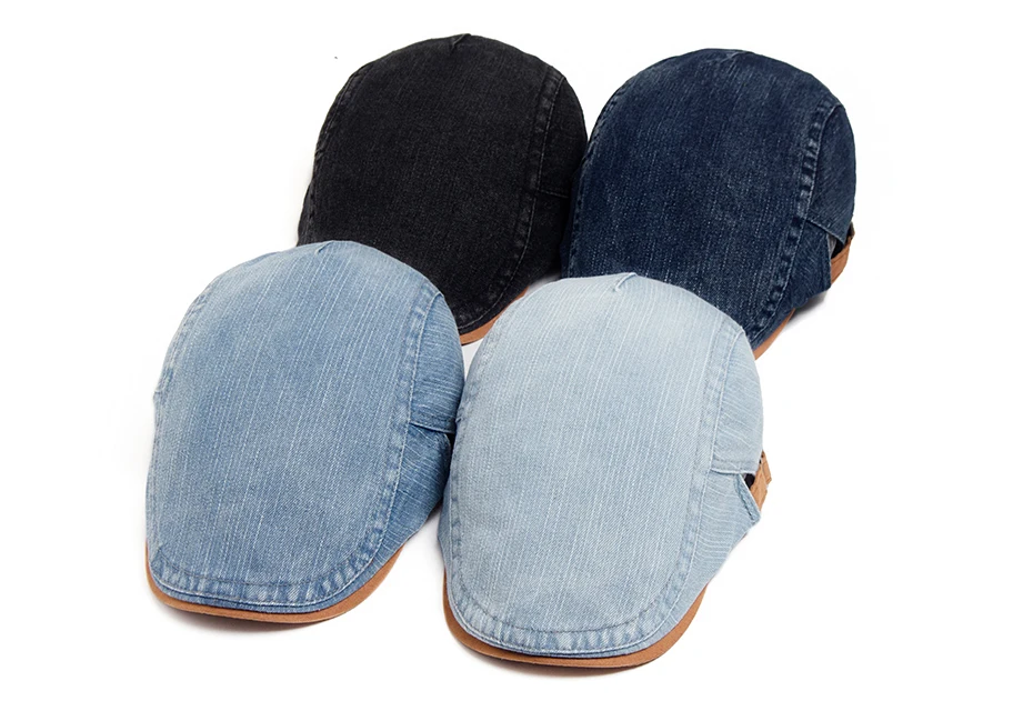 Denim Baumwolle Newsboy Cap Frauen Patchwork Braun Weiche Baskenmütze Männer Flache Visier Hut Vintage Für Frühling Herbst Sommer Casual Einstellbar – Detail 1