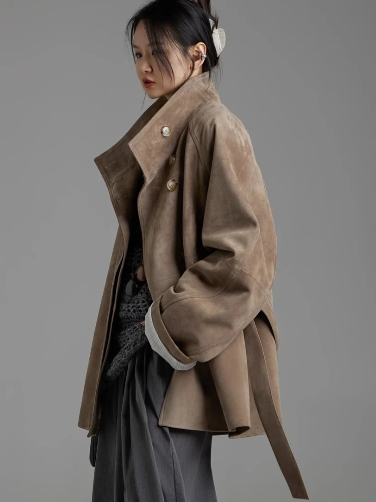 Vintage Oversize Genuine Leather Windbreaker Jackets for Women High-end Simple Stand Collar Real Sheepskin Suede Coat with Belt