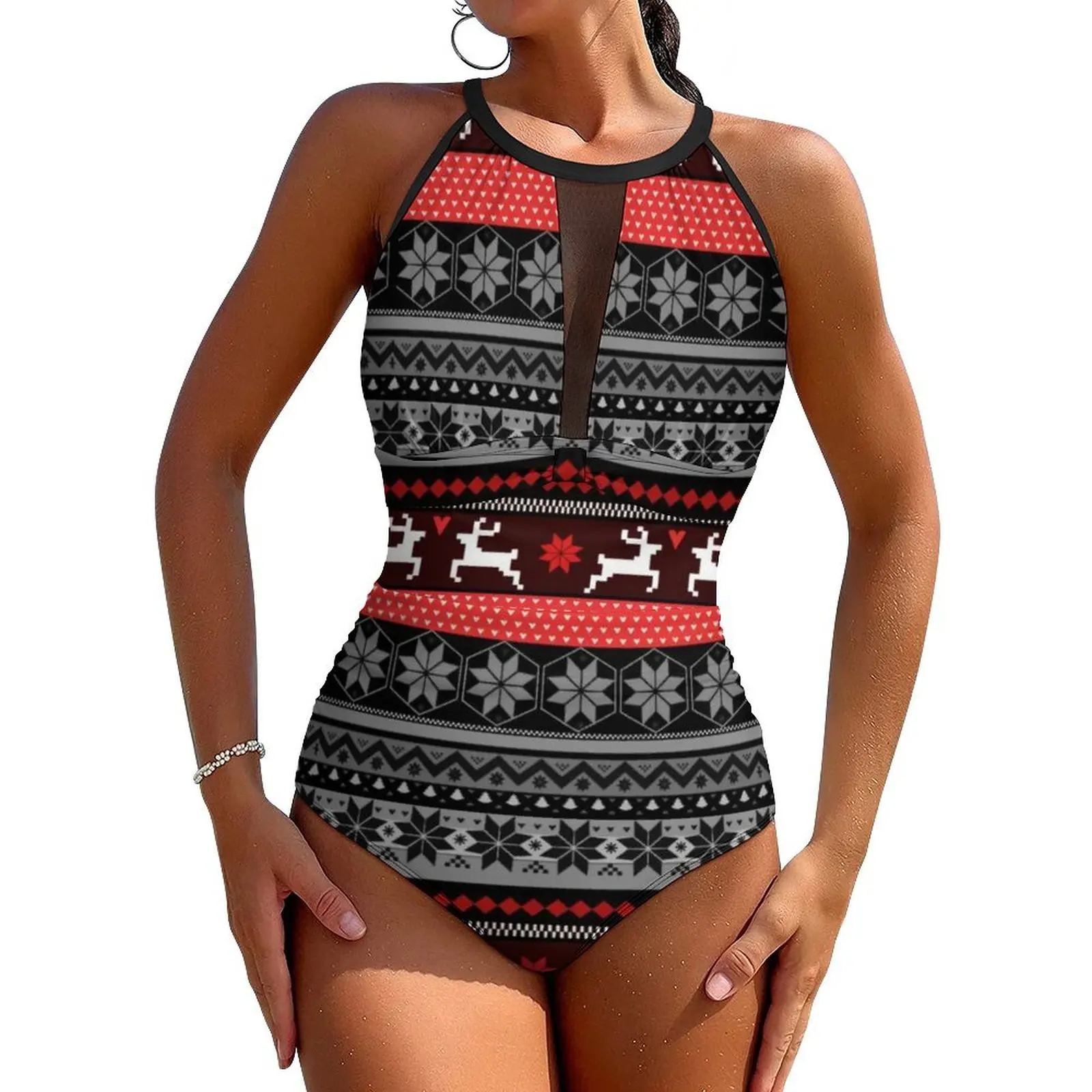 

Купальник в скандинавском стиле с животными, красный купальник Fair Isle, цельный праздничный купальник для серфинга, купальный костюм с высоким вырезом, сексуальная пляжная одежда с эффектом пуш-ап
