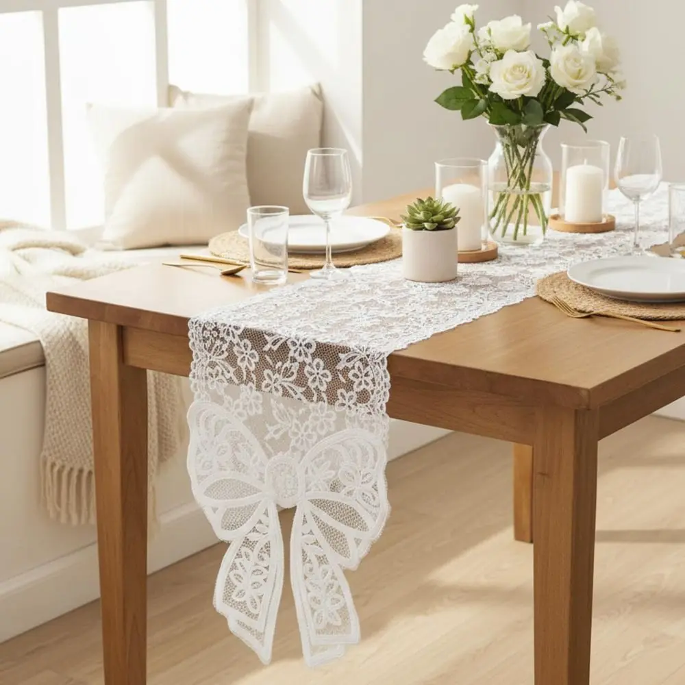 

White Lace Table Runner with Big Bow Ends Rectangle Table Flag Embroidered Floral Cheese Cloth Table Setting For Wedding Party
