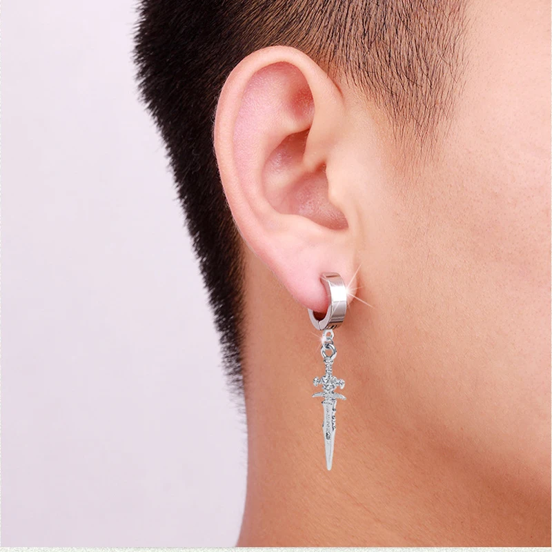 2pcs Stainless Steel Dragon Coil Sword Pendant Drop Hoop Earrings Unique Punk Hip Hop Style for Men Women Daily Wear Jewelry