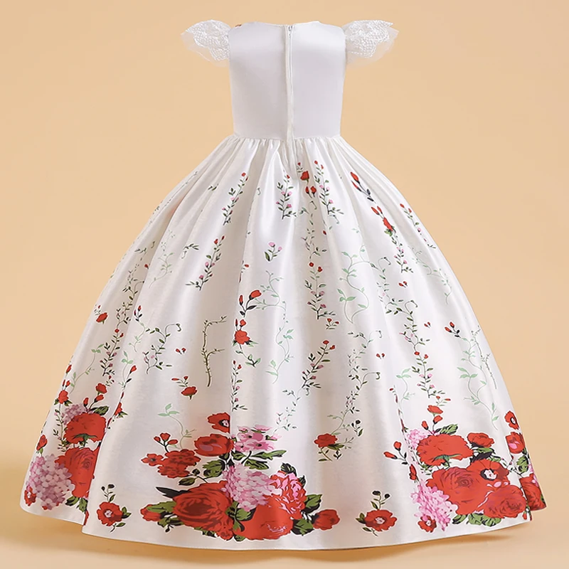 Summer Red Flower Kids Party Dress For Girls Children Costume Print Princess Dresses Girl Party Dress Vintage Gown 5-12Y