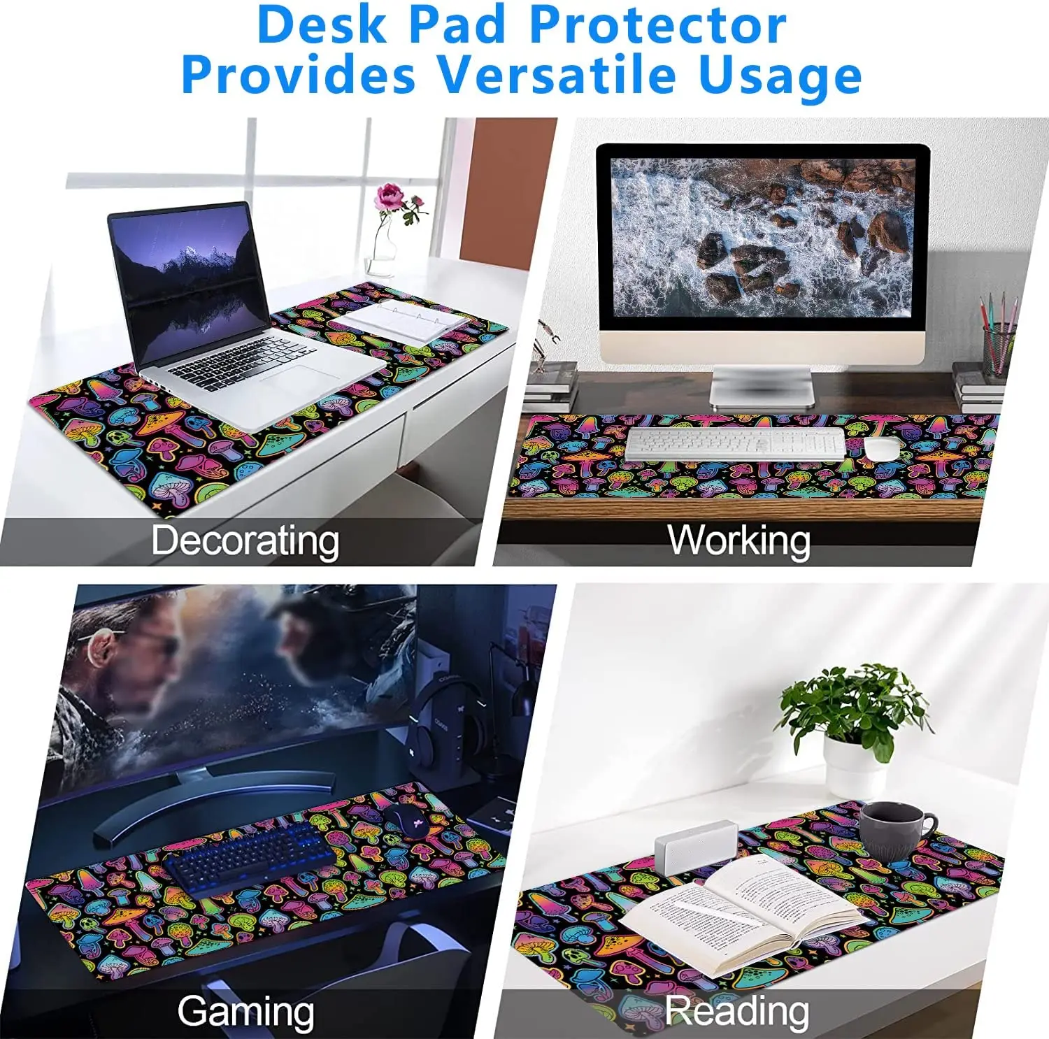 Large Mouse Pad Colorful Bright Psychedelic Mushrooms Large XL Desk Mat Extended Waterproof Mouse Mat 31.5 X 11.8 Inch