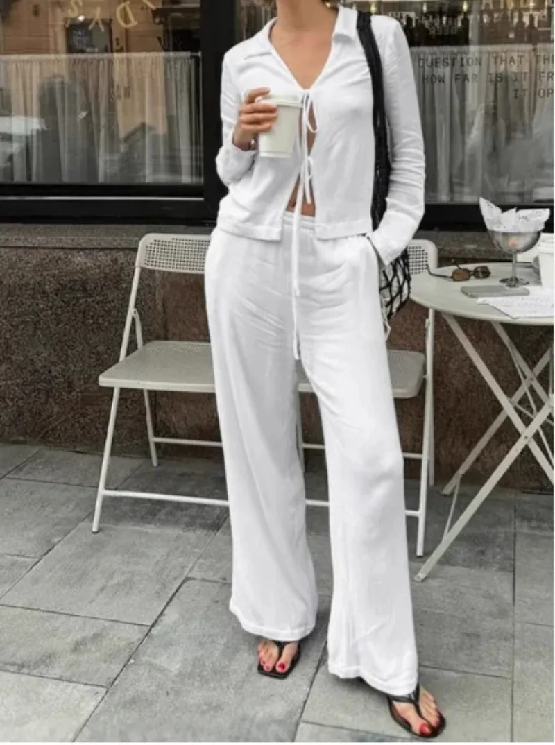 

Lapel Tied Slim Fit Shirt Top and High Waisted Straight Leg Pants Casual Set for Women's Summer Elegant Casual Solid Color Set