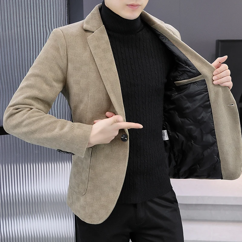 

2025 блейзер мужской деловой джентльменский свадебный модный универсальный и модный хозяин шафер однотонный утягивающий повседневный пуховый пиджак