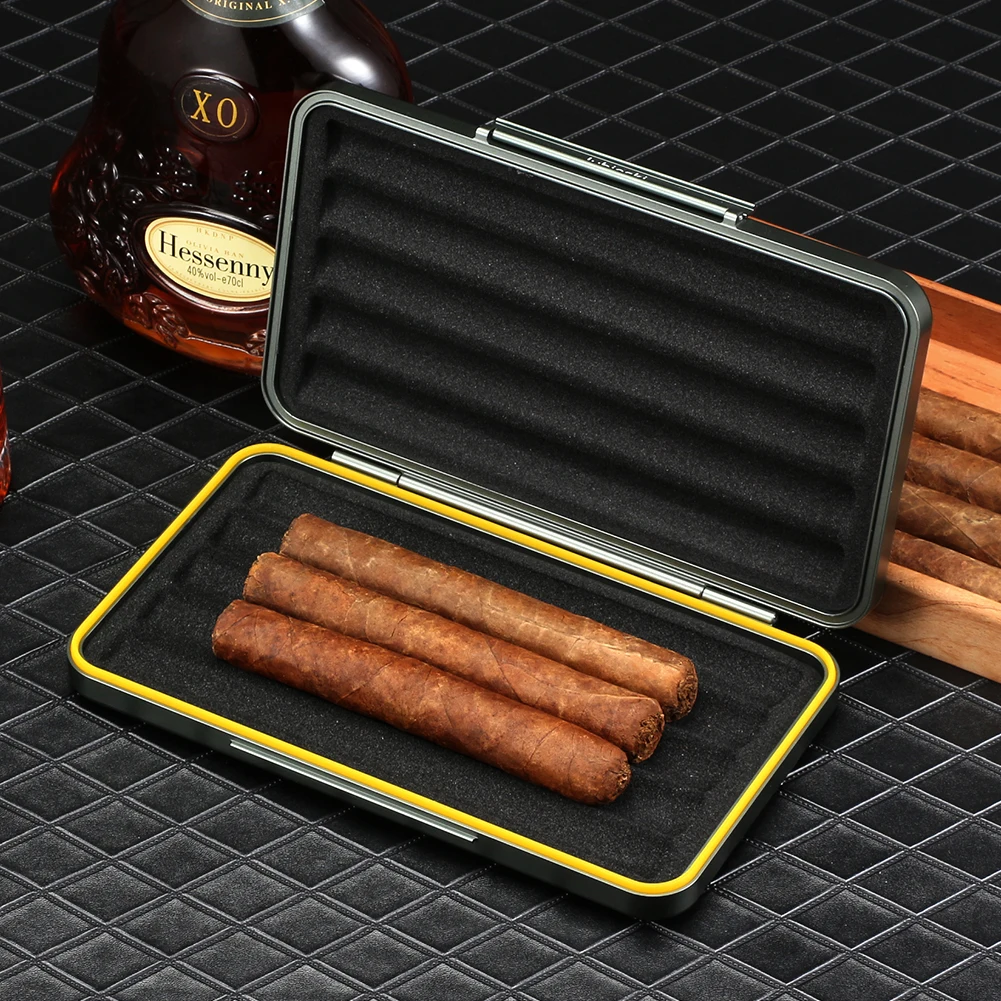 LUBINSKI Portable Cigar Box Humidor Luxury Metal Tobacco Storage Case Accessories Black Travel Humidor Fit 5 Cigars Case Box