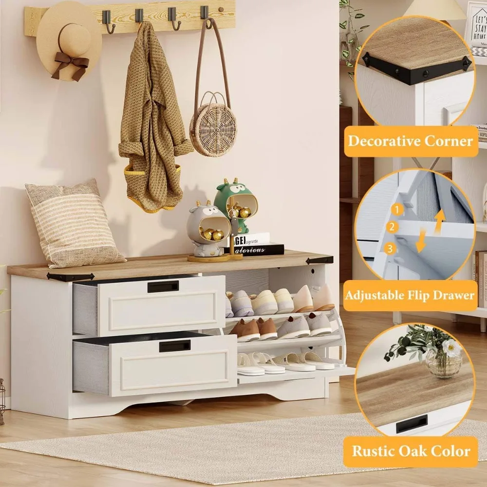 مقعد تخزين الأحذية الخشبي مع درج قلاب للمدخل وغرفة المعيشة والممر بلمسة نهائية من خشب البلوط الريفي
