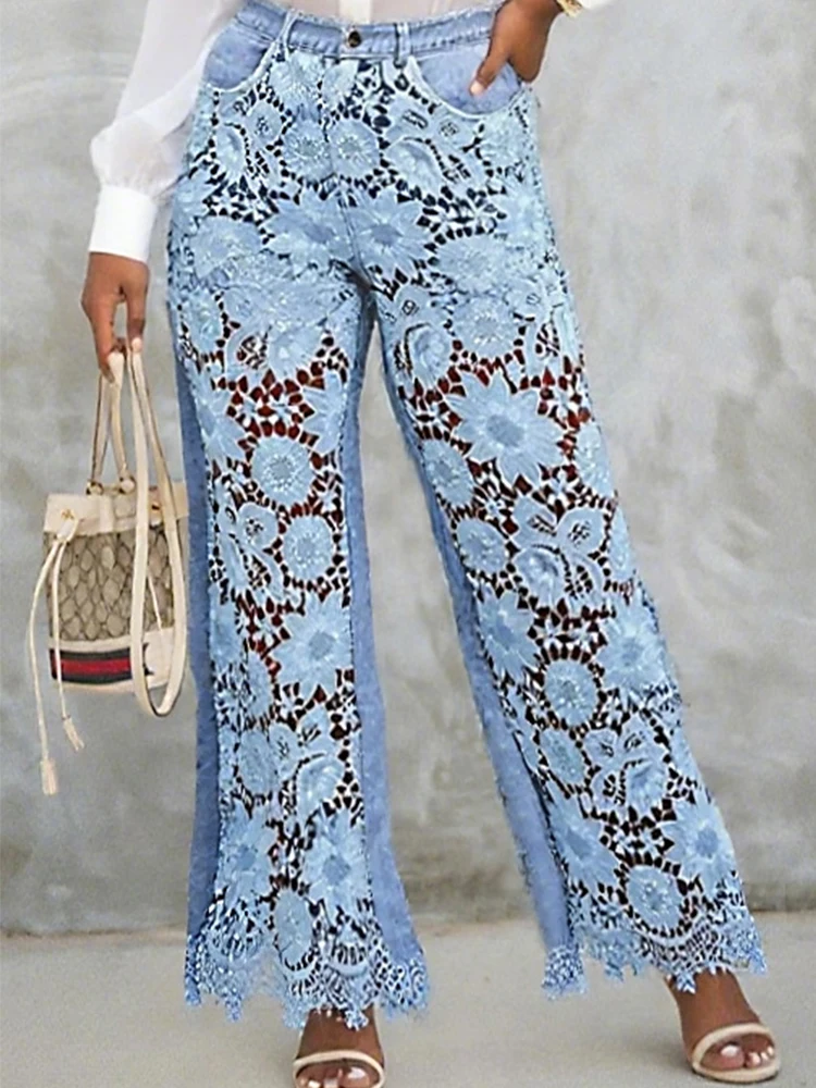 

Women Lace Hollow Out Jeans High Waist Elegant Casual Vintage Straight Denim Pants Streetwear See Through Denim Trousers 2025