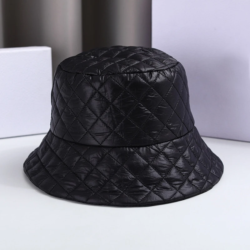 New Autumn Winter Black Bucket Hat For Women Vintage Plaid Bucket Cap Panama Outdoor Ultra Light Down Cotton Fisherman Hat