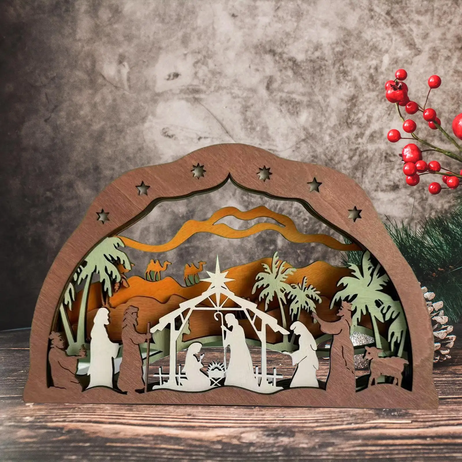 Christmas Nativity Scene Ornament Wooden Religious Decor Christian Statue for Living Room Table Holiday Display