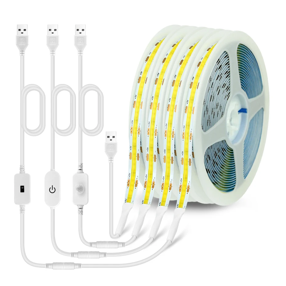 Super Bright USB COB Strip Light DC 5V 300LEDs/m Flexible LED Tape Dimmable Touch Sensor Adhesive Ribbon Cold/Natural/Warm White