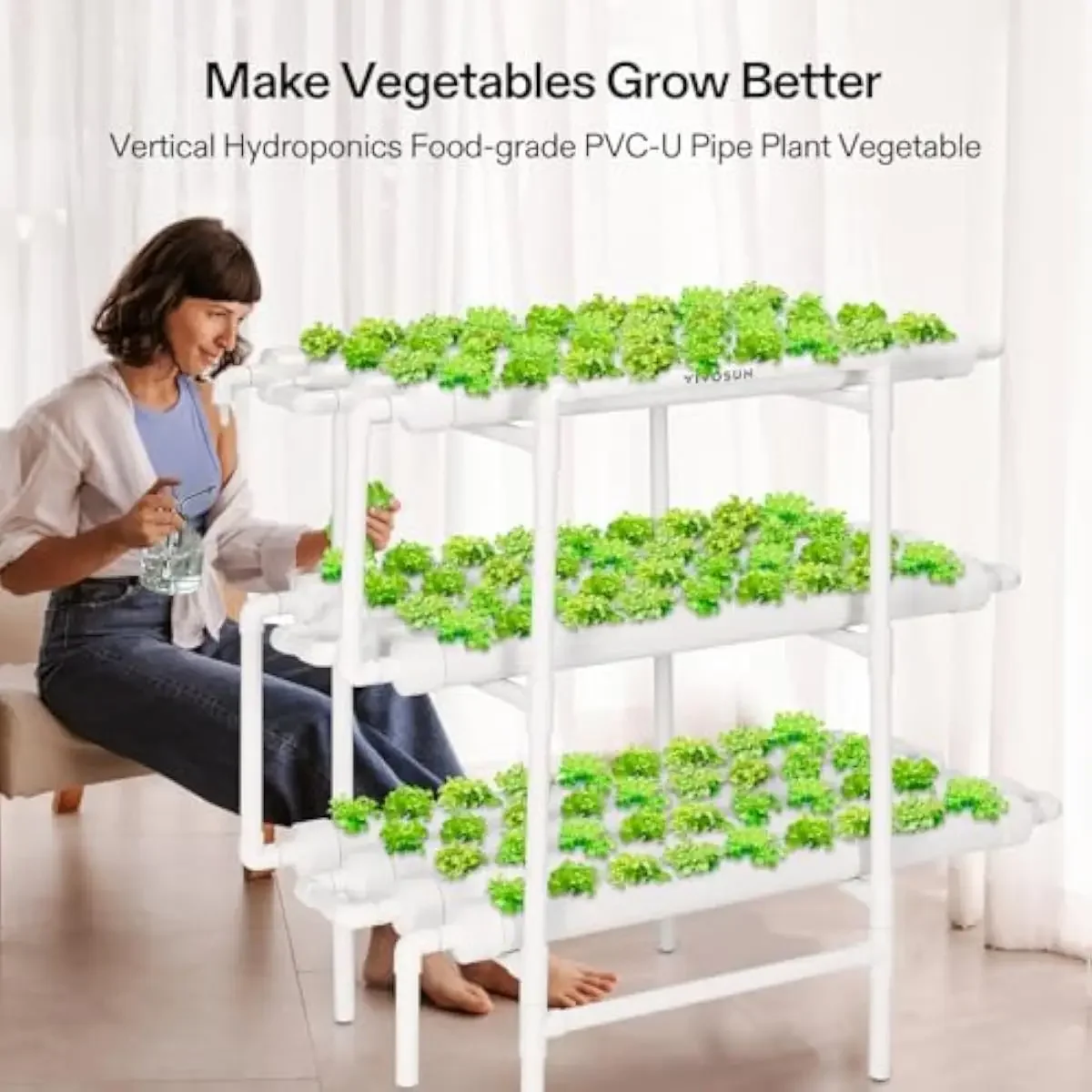 Hydroponic Garden System with 108 Growing Positions Across Three Tiered Levels Featuring Food-Safe PVC-U Pipes Measuring 31.1 In