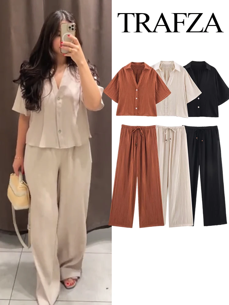 

TRAFZA Women 2 Piece Set Fashion Lapel Single-Breasted Short Sleeve Shirt Top+High Waist Draw Rope Side Pocket Casual Long Pant
