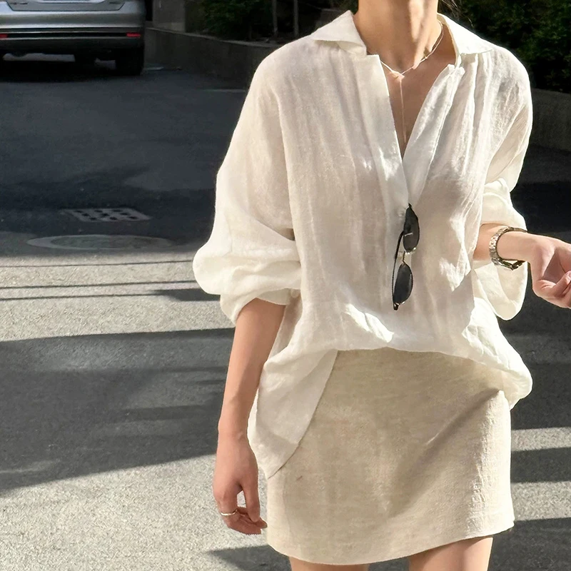 

【Premium Series】Linen Women Long Sleeve Shirts Blouse Female Summer White Loose Casual Blouse
