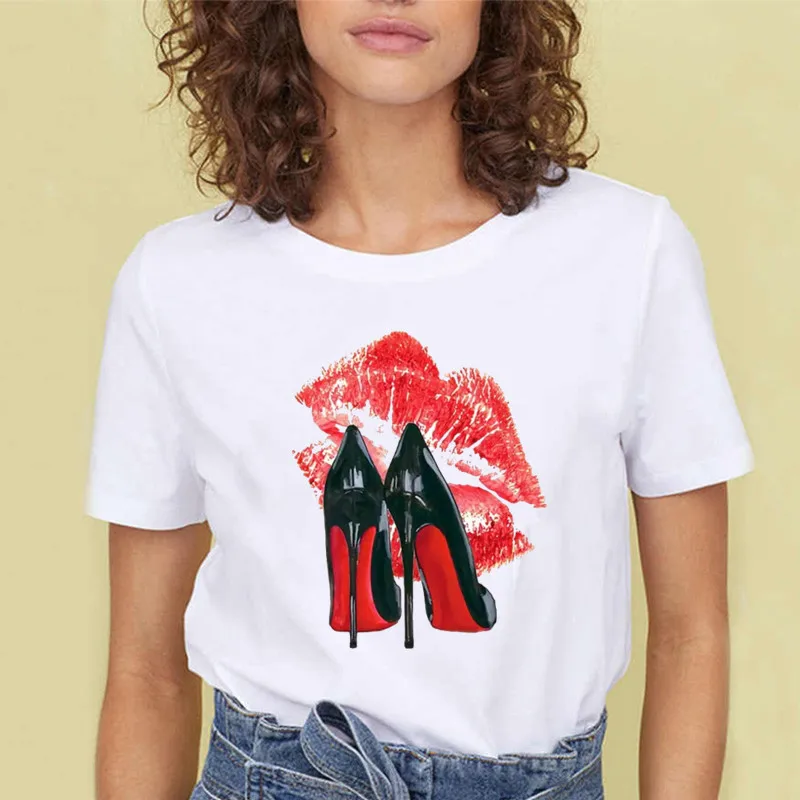 

Aesthetic Vintage High Heels t-shirts Fashion Summer T Shirt Print Red Lips Women Tshirt Female 90s Graphic Tee Girls Tshirt