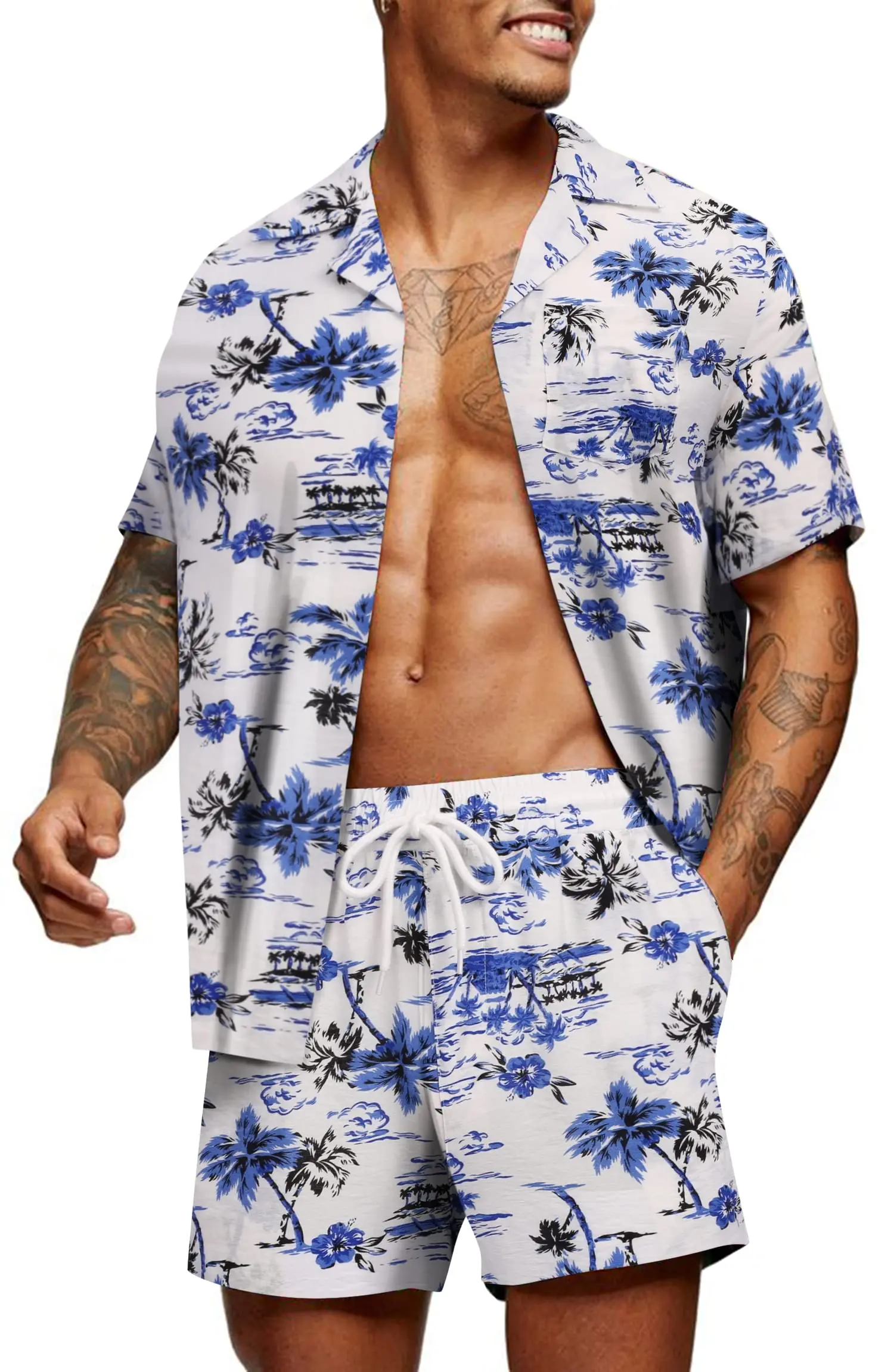 Elastic Breathable Short Sleeved Shirt And Shorts Set With Plant Print Yacht Party Casual Two-Piece Set For Men MB5-MA4