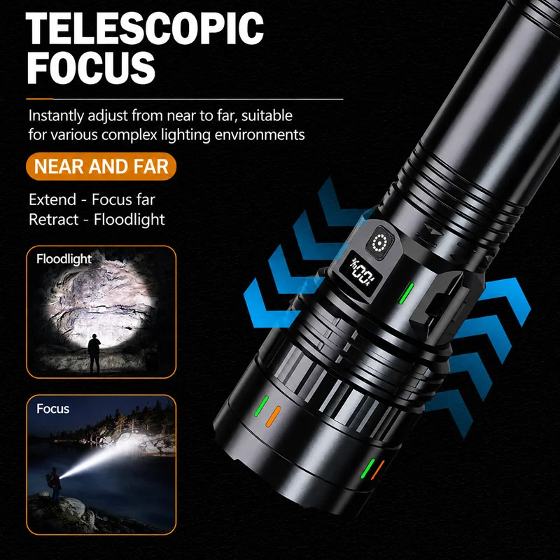 Zoomable Bright LED Flashlight White Laser Rechargeable Portable with Power Display for Home Emergency Safety Use