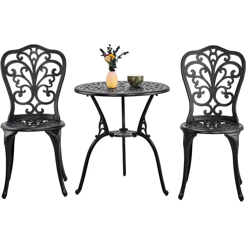 All-Weather Outdoor Bistro Set with Cast Iron Table and Chairs for Patio, Garden, or Balcony in Black