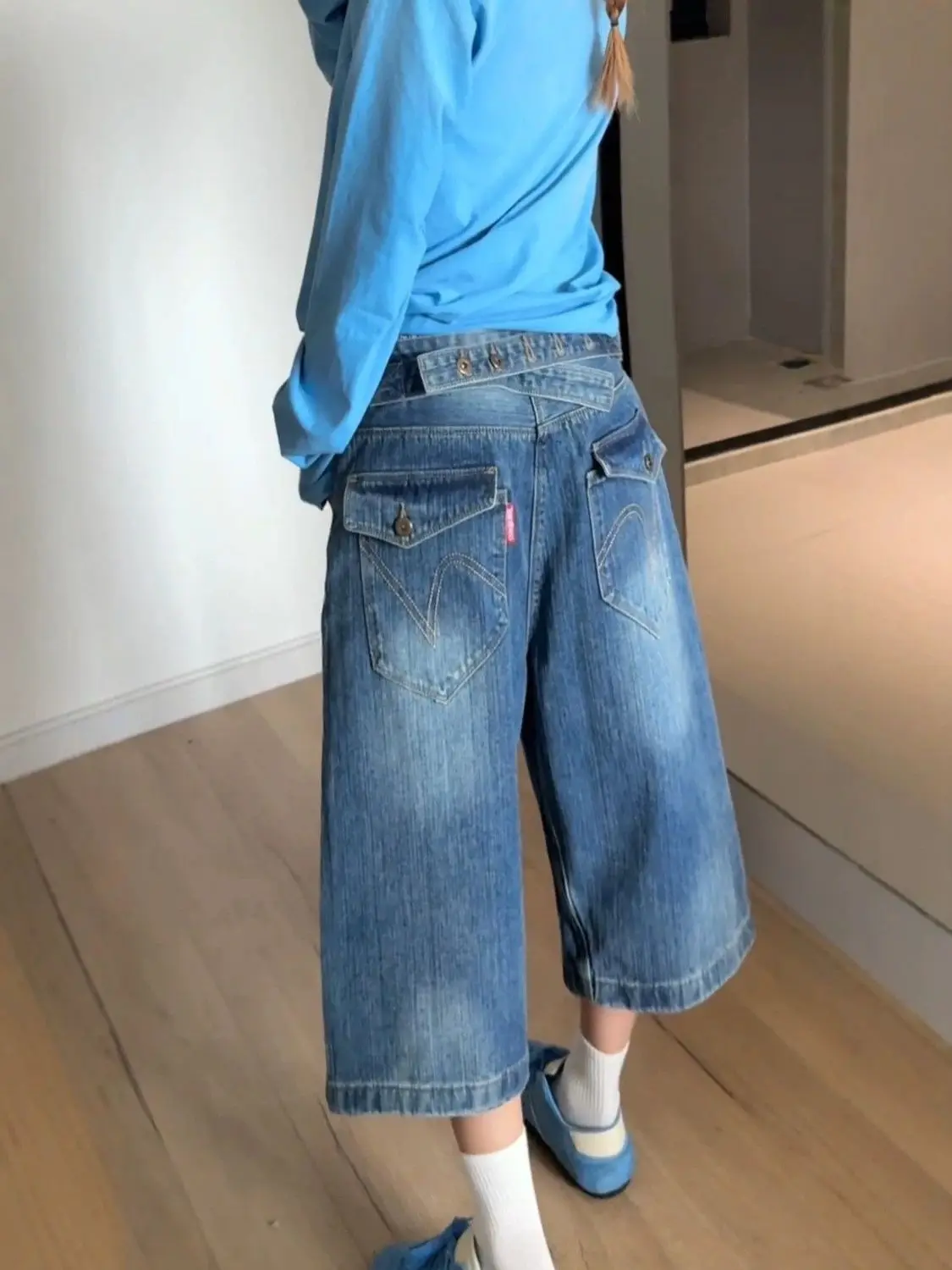 Summer Women's Adjustable Button Design Denim Shorts High Waist Blue Pants Calf-length Trousers Female Wide Leg Streetwear