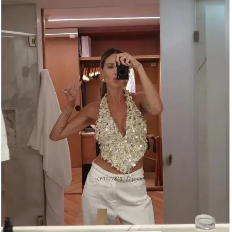 여름 새로운 밸리 댄스 의상 유럽과 미국의 진주 쉘 섹시한 스팽글 레이스 업 백리스 할로우 탑 짧은 스커트 세트
