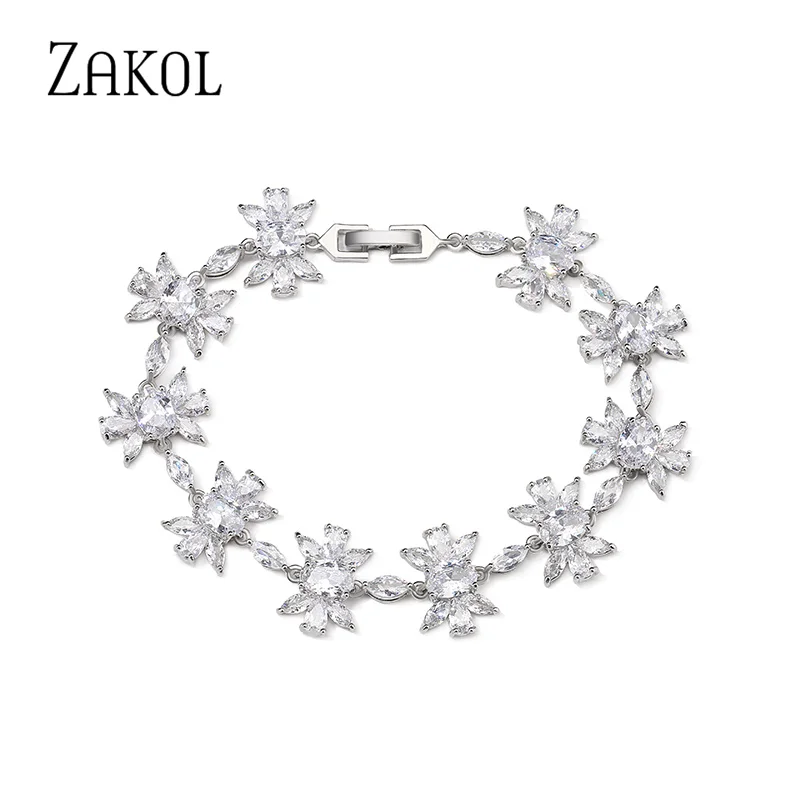 ZAKOL Luxury Water Drop Bracelets for Women Classic Round Cubic Zircon White Gold Color Bangle Flower Wedding Party Jewelry