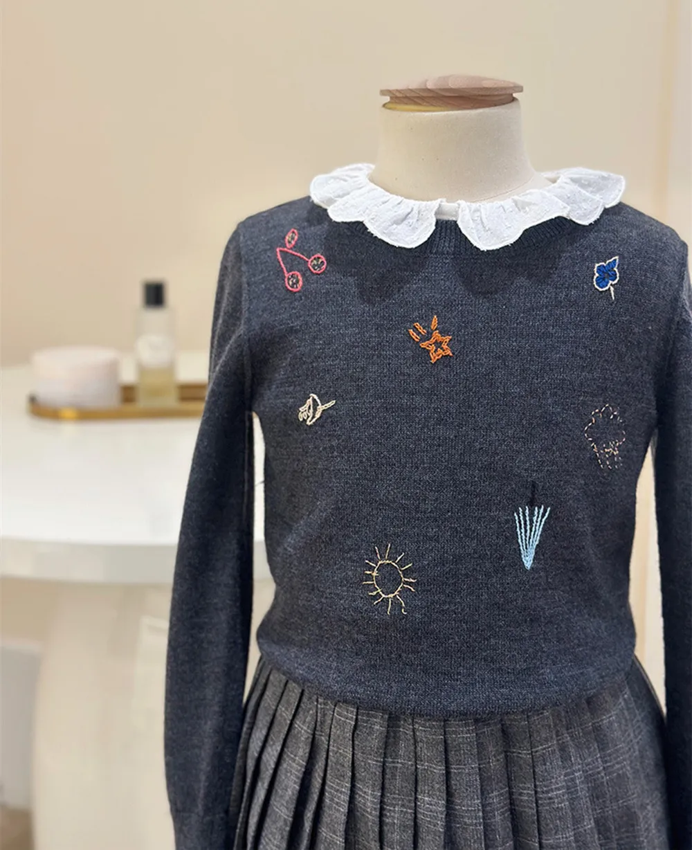 Autumn winter sweaters baby girls clothes baby sweaters girls High quality cherry pattern handmade embroidery sweater