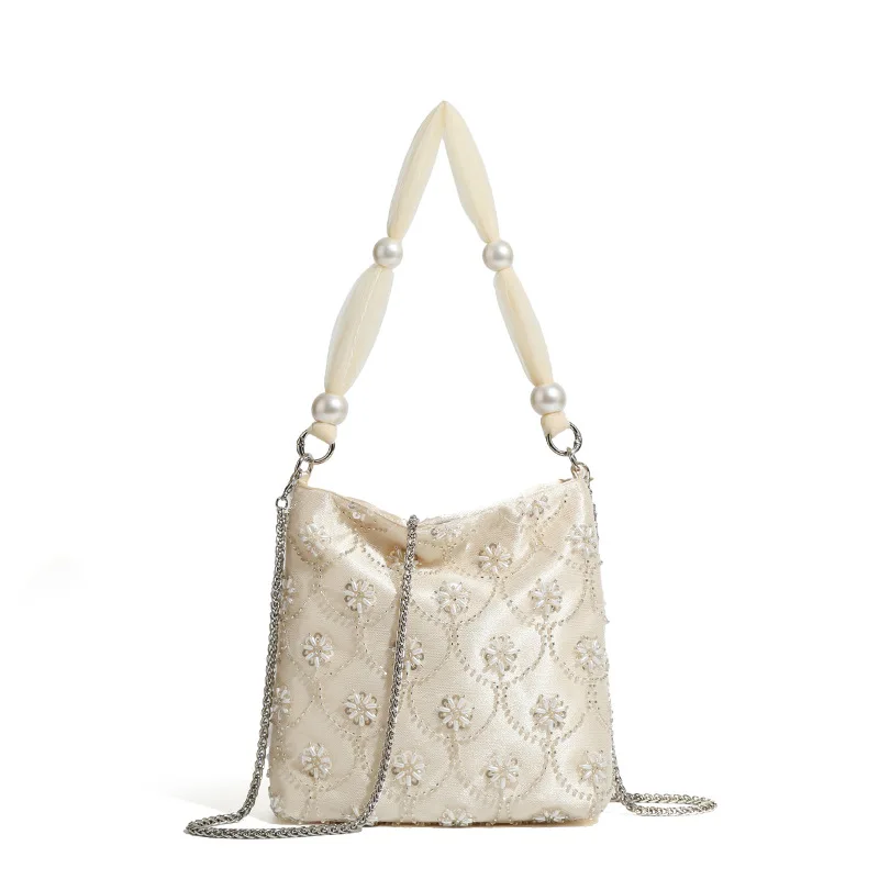 Fashion beading women evening bag design Lady Handbag Pearl flower Ladies Chain shoulder messenger bags bolsas White totes