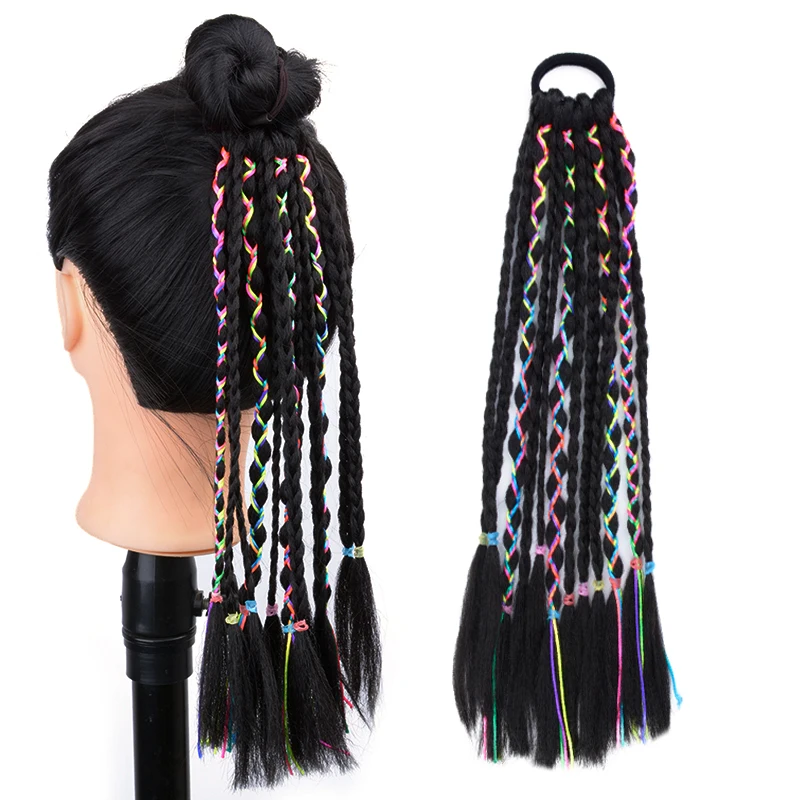 Girls Rainbow Color Elastic Bands Baided Hair Ponytail Rope Rubber Accessories for Kids Synthetic Colored Box Braid Headdress