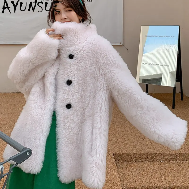 

AYUNSUE 100% Wool Coat Women Winter 2022 Elegant Sheep Shearing Jacket Mid-length Wool Jackets Fur Coats Manteau Femme Hiver SGG