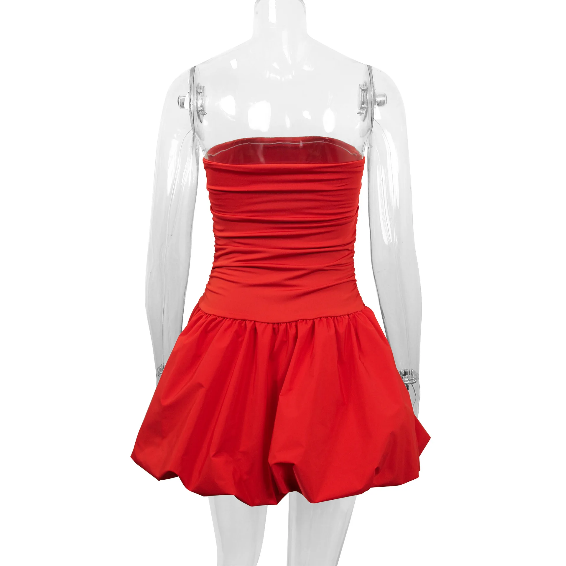 فستان Bangniweigou بدون حمالات باللون الأحمر للنساء أنيق ونحيف ومتوهج بمظهر فانوس لطيف ومطوي قصير #4