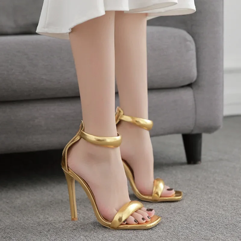 Sexy Luxury Brand Simple Peep Toe Thin High Heels Shoes Women Back Zipper Gold Wedding Banquet Sandals