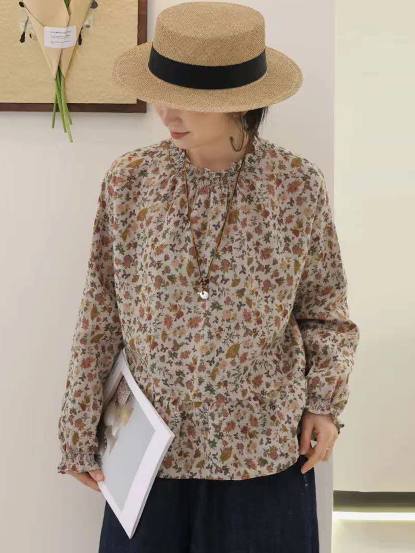 

Spring Summer 2026 Printed Raindrop Flax Loose Casual Women's irt Doll Collar Wooden Print Long Sve Deform Resistant