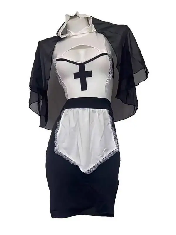 زي راهبة مثير زي تنكري للنساء فستان بفتحة رقبة رسن مع تصميم متقاطع وغطاء رأس لحفلات الهالوين LZS2