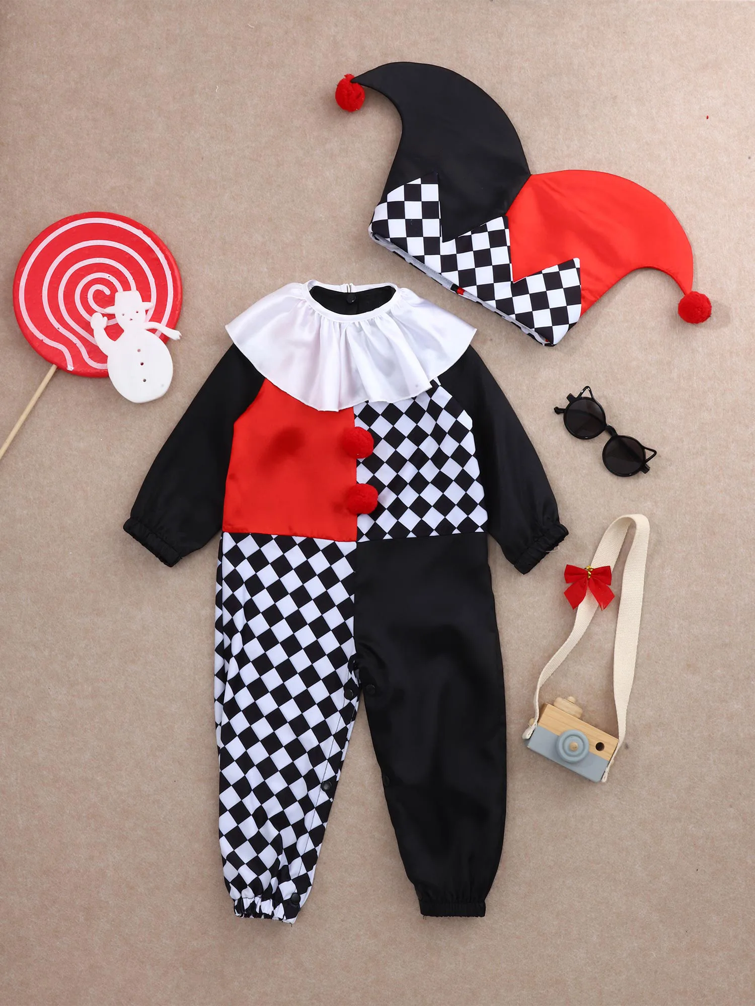 0-24M Baby Halloween Party Circus Clown Funny Harlequin Cosplay Costume Photography Clothes Long Sleeve Jumpsuit with Collar Hat