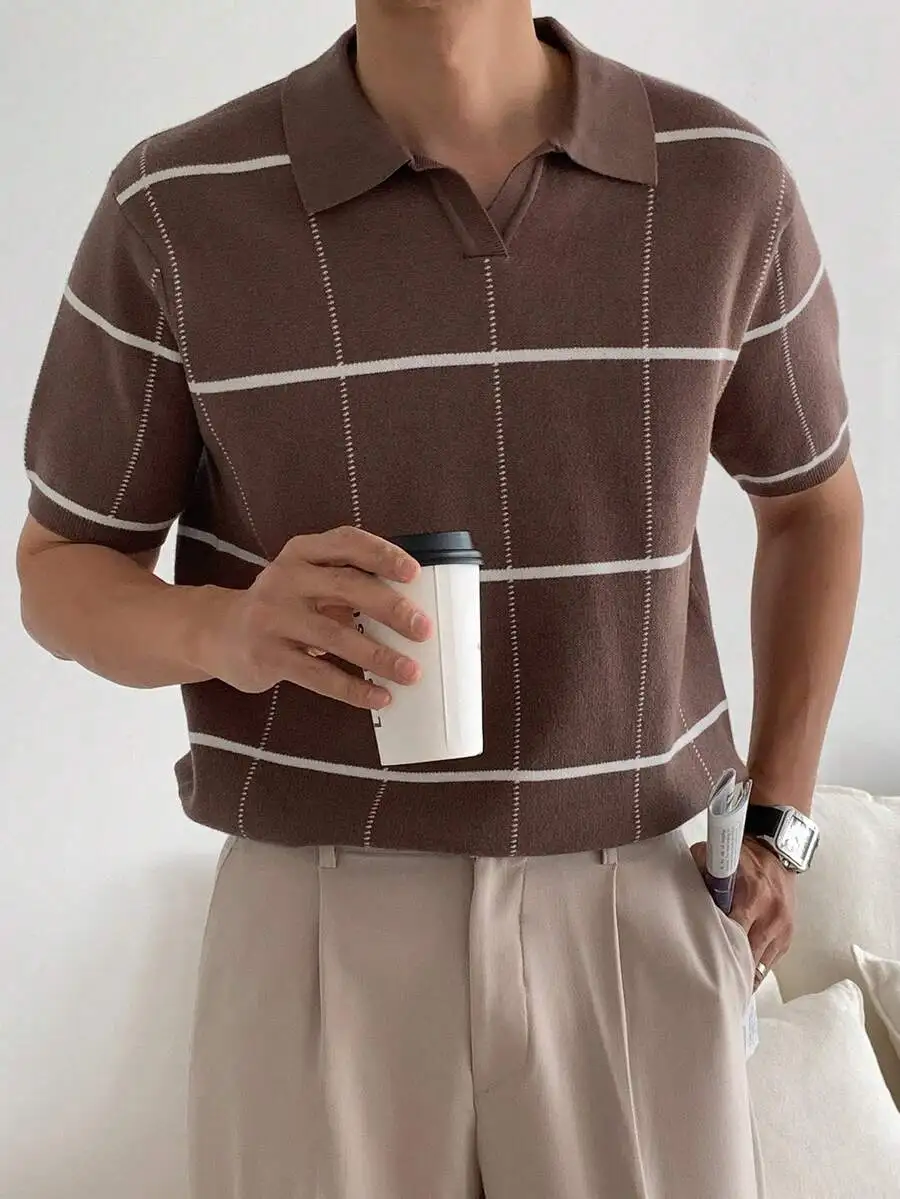 Men's Beige Knit Polo Shirt with Black Stripe Pattern, Casual Short Sleeve Top