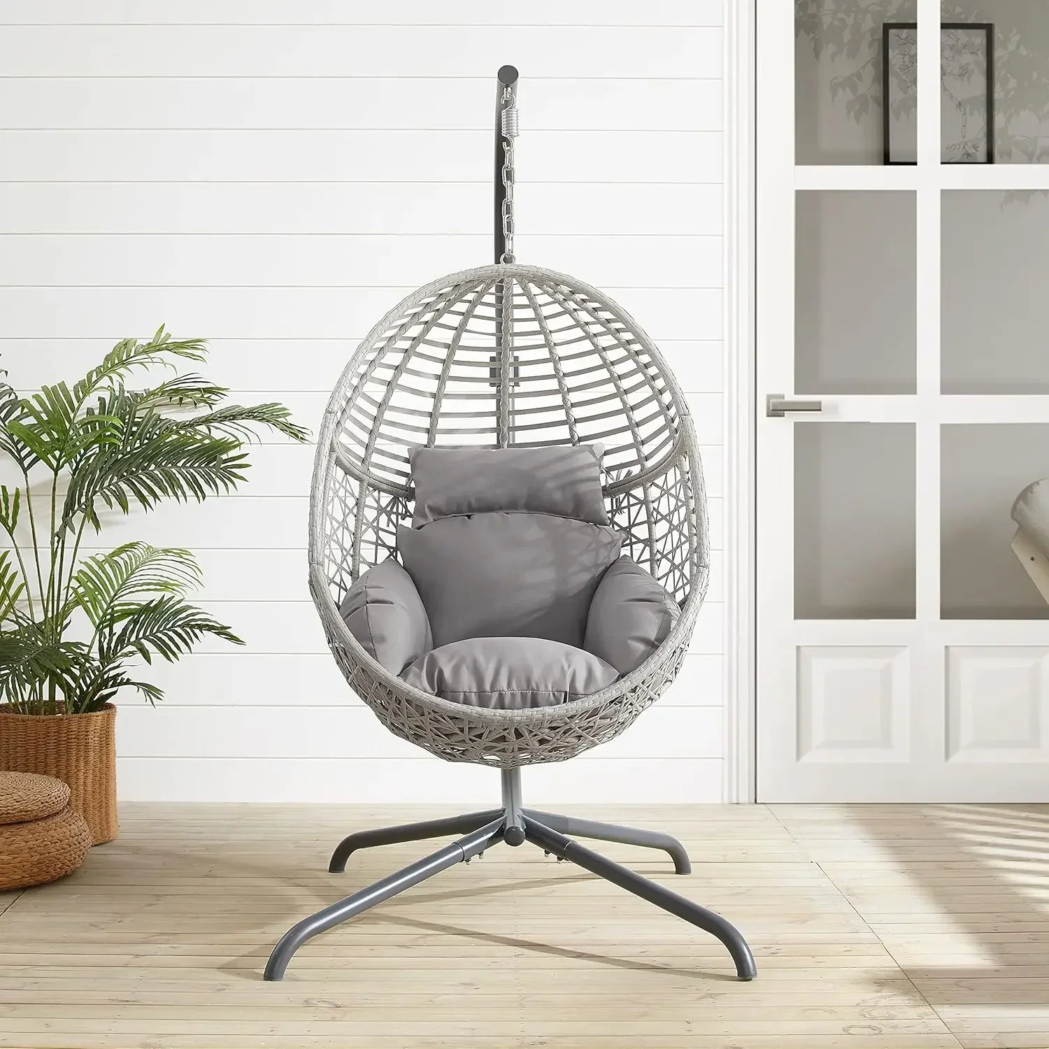 Crosley Furniture KO70232LG Lorelei Indoor/Outdoor Wicker Hanging Egg Chair with Stand, Gray