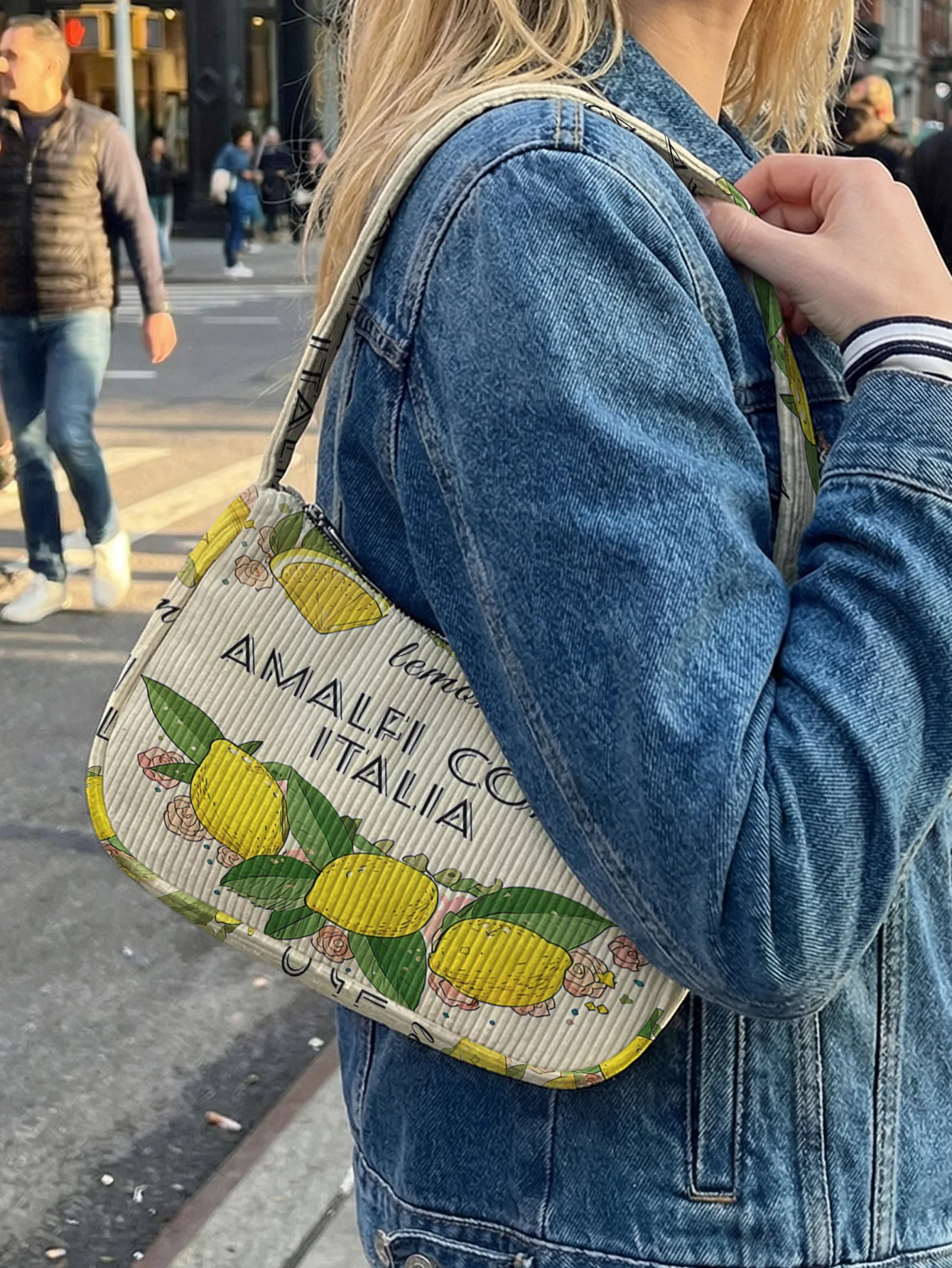 Trendy Amalfi Coast Lemon Print Shoulder Bag, Corduroy Underarm Bag for Daily Casual Use