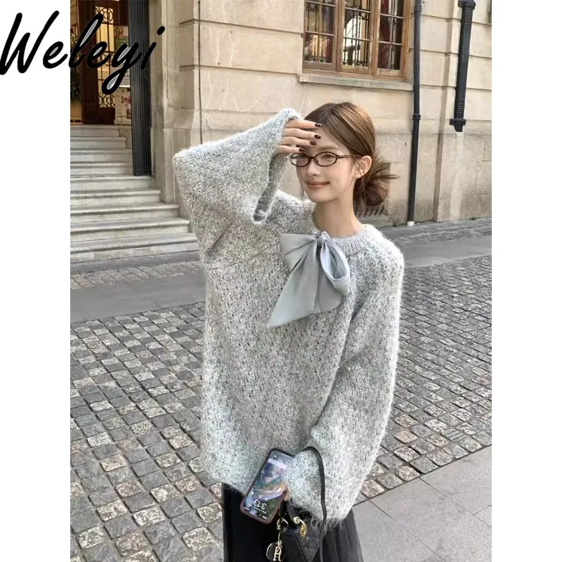 

Sweet Casual Women's Pullover Bow Gray Sweater 2024 Autumn New Streetwear Loose Front and Rear Long Sleeve Knitted Tops Trendy