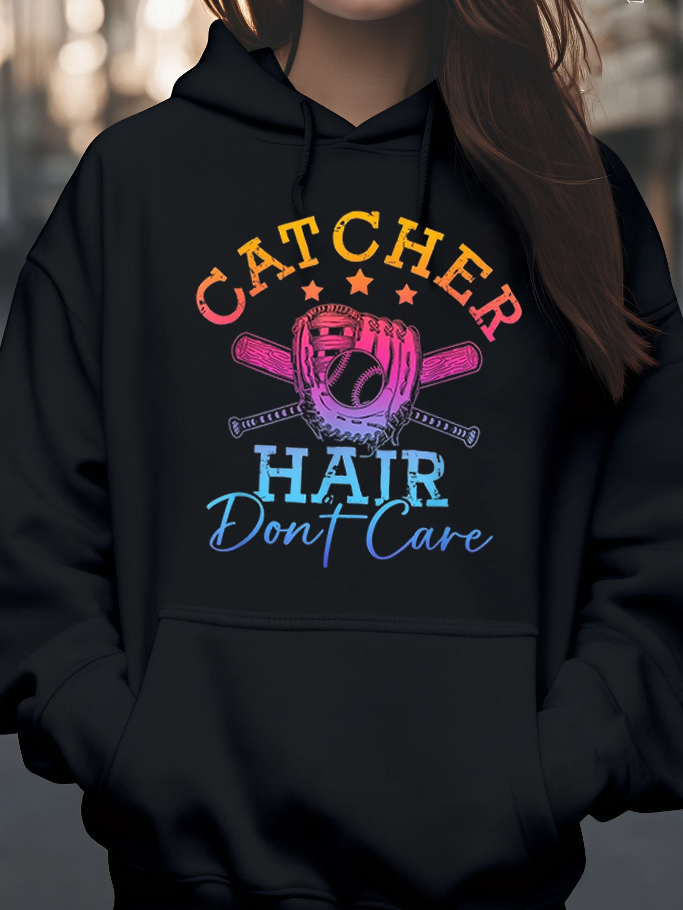 

Бейсбольная перчатка Catcher Hair Don't Care, толстовка с принтом для женщин, повседневная одежда, спортивный фанат, подарок