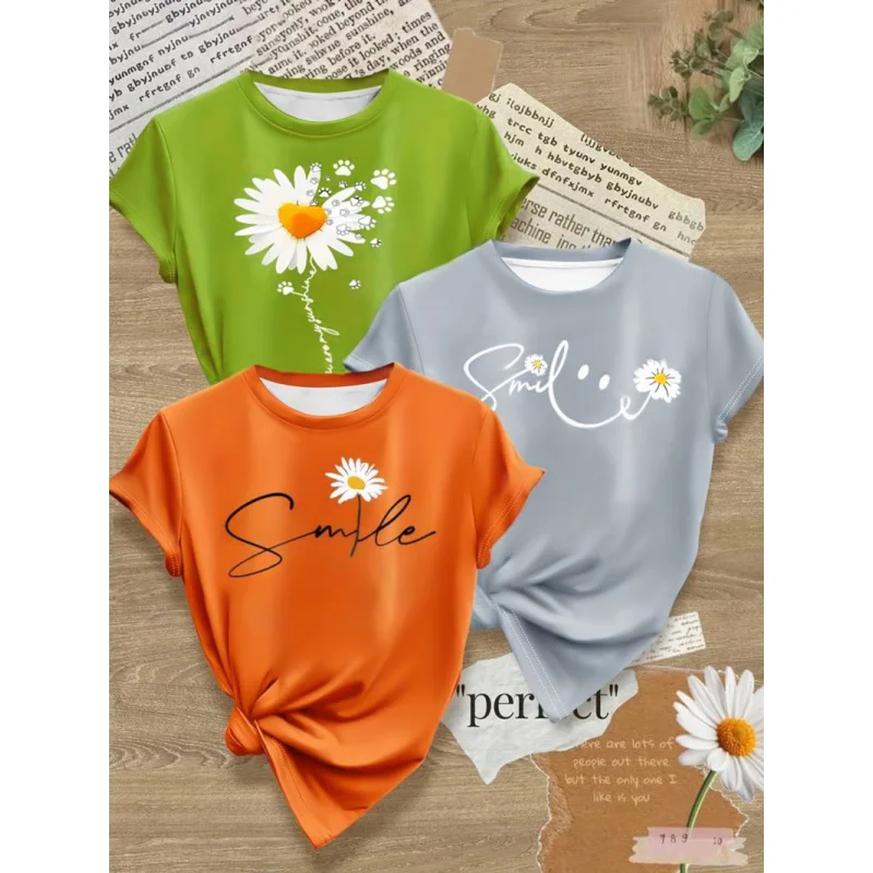 

Flower&Letter Print Crew NecktCasual Short Sleeve T-ShirttSummer Soft Creative Shirt